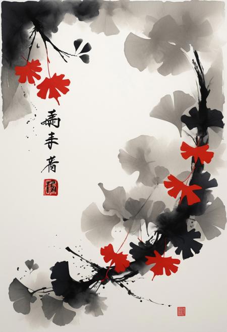 Poetic sumi-e with meticulously rendered gingko leaves cascading across washi paper, embodying the concept of mono no aware. The traditional ink wash technique creates a gradient from deep black to misty gray, with negative space suggesting autumn wind. red leaf accents catch imaginary light, while asymmetrical composition draws the eye through bold brush strokes and delicate detailing. Minimal red seal marks anchor the lower corner, balanced by calligraphic kanji suggesting impermanence. The scattered leaves display deliberate imperfections celebrating wabi-sabi principles, some rendered with a single masterful brushstroke, others with textural dry-brush technique. Subtle indigo undertones evoke twilight transitioning to evening, capturing the melancholic beauty of nature's transitional moments through the philosophical lens of yugen. <lora:aidmaFLUXPro1.1-FLUX-v0.3> <lora:ck-charcoal-drawing-000014> <lora:Niji B> <lora:bm-goth_epoch_1> <lora:flux_ptchkrawk> <lora:flux_dev>