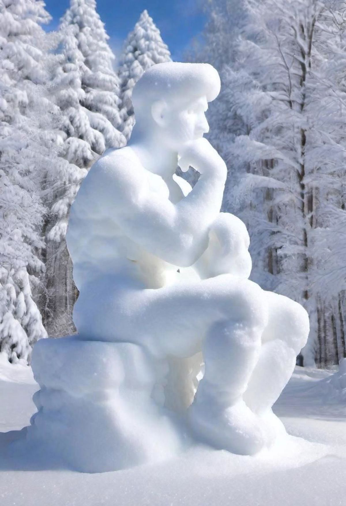 A snow covered statue of a man thinking.