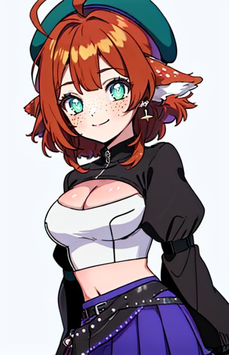 harperstrikes, breasts,  brown hair,  hat, navel, animal ears,, green eyes,  ahoge,  earrings, aqua eyes, black headwear, beret, piercing, ear piercing, freckles, horns,