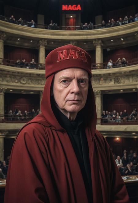 ((Ian McDiarmid in the role of Senator Palpatine) wearing a (red cap with the word "MAGA" clearly printed across the front) in front of the (Galactic Senate)).
 gritty , militaristic, StarWars themed, echo image, sidelit, cinematic photograph, noise offset,  <lora:add-detail-xl:1> , Getty Images quality photograph , double exposure, multiple-exposure photograph, UHD, experimental lighting, experimental angles, strong fisheye-lens/ intense fisheye-view photograph, intricately detailed, very detailed background, realisticvision-negative-embedding, realisticvision-negative-embedding, epiCRealism