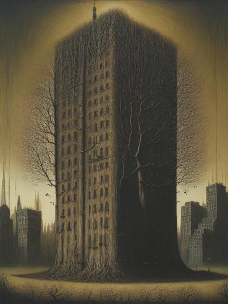 <lyco:JohnKennMortensen:1.0> by John Kenn Mortensen, by Karol Bak, a tree displaced by skyscrapers