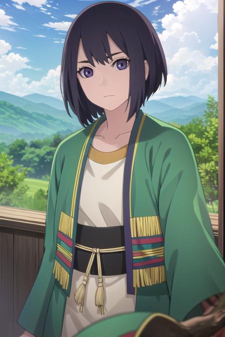 ladykiri, <lora:lady kiri-lora-nochekaiser:1>,
lady kiri, black hair, short hair, hair between eyes, (purple eyes:1.1),
BREAK long sleeves, robe, green robe, obi, dress, white dress,
BREAK outdoors, nature, forest, grass, sky, sun, clouds,
BREAK looking at viewer,
BREAK <lyco:GoodHands-beta2:1>, (masterpiece:1.2), best quality, high resolution, unity 8k wallpaper, (illustration:0.8), (beautiful detailed eyes:1.6), extremely detailed face, perfect lighting, extremely detailed CG, (perfect hands, perfect anatomy),