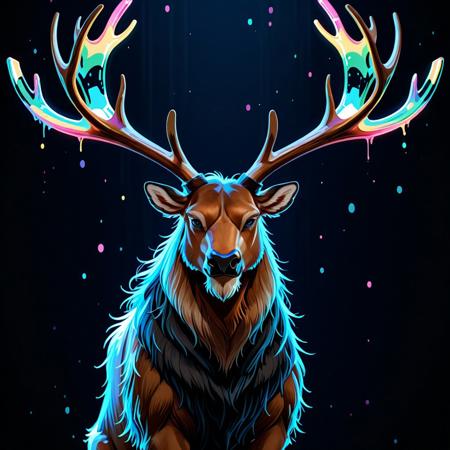 Majestic stag with ((huge antlers made of tiny neon glass filaments)), <lora:World_of_Glass_Filament:0.81> , dark background, highland glade
