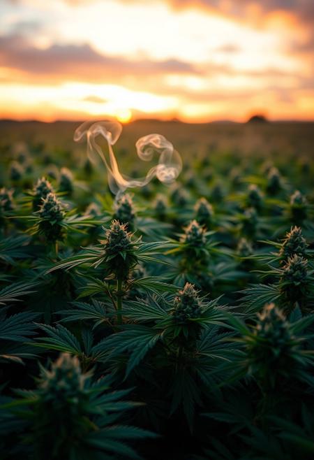vibrant cannabis field, (lush green leaves:1.4), (sunset glow:1.2) casting warm light over the plants, (detailed textures:1.5), smoke swirling softly in the air, (cannabis buds:1.3) glistening with trichomes, peaceful and serene atmosphere, (natural light:1.4), wide field stretching into the distance, (colorful sky:1.2) with shades of pink and orange, (high-definition:1.6), (ultra-realistic textures:1.5), close-up details of cannabis plants, (soft focus in the background:1.2), modern, laid-back aesthetic, perfect for a cannabis culture feature, chill and relaxed vibe, (overexposed:-1.4), (unnatural colors:-1.5), (blurry:-1.6), (low-resolution:-1.7), (harsh lighting:-1.5), (distorted textures:-1.6)