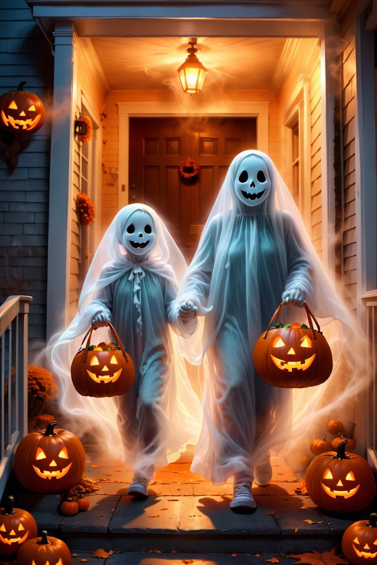 Halloween Scene with Two Girl Ghosts and Pumpkins