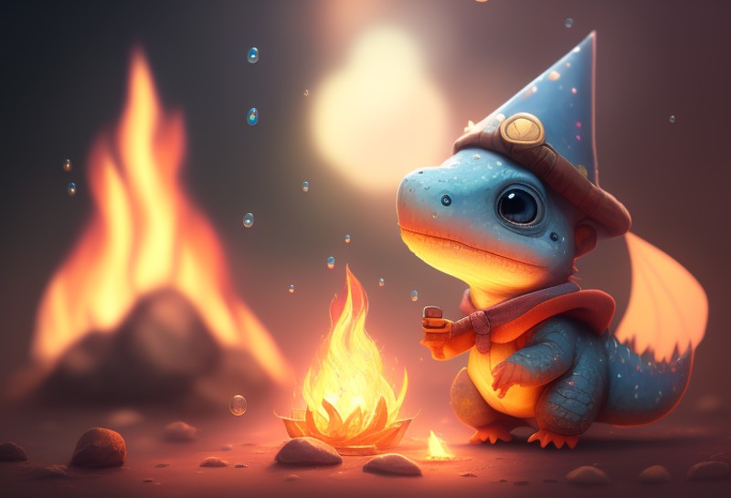 cute art of cute dicuki as a little baby wizard, surrounded by fire bubbles , digital art, intricate details, trending art...