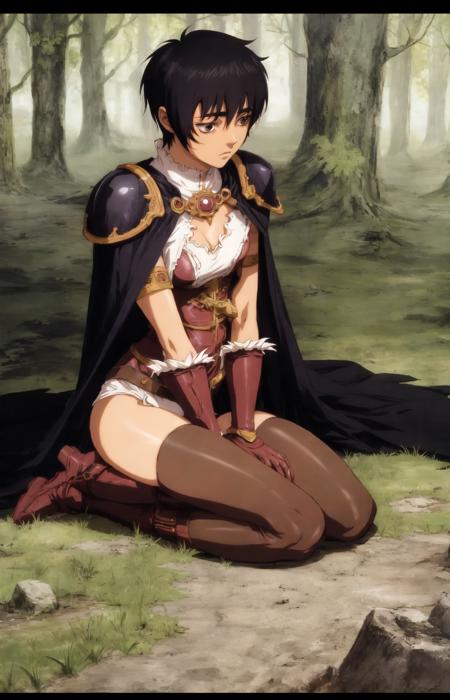 casca \(berserk\), 1girl, solo, short hair, bangs, black hair, thighhighs, gloves, sitting, closed mouth, thighs, boots, elbow gloves, dark skin, cape, armor, black eyes, dark-skinned female, looking to the side, kneeling, thigh boots, wariza, looking away, looking down, shoulder armor, red footwear, seiza, between legs, red gloves, pauldrons, v arms, hand between legs, breastplate, red cape, red thighhighs, red armor <lora:90sv2.0R:0.6>