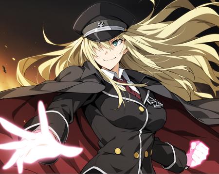 KriemhildHelheim, Kriemhild's military uniform, Kriemhild's military hat, long coat on shoulders, jodhpurs, knee boots, wing collar, necktie, 