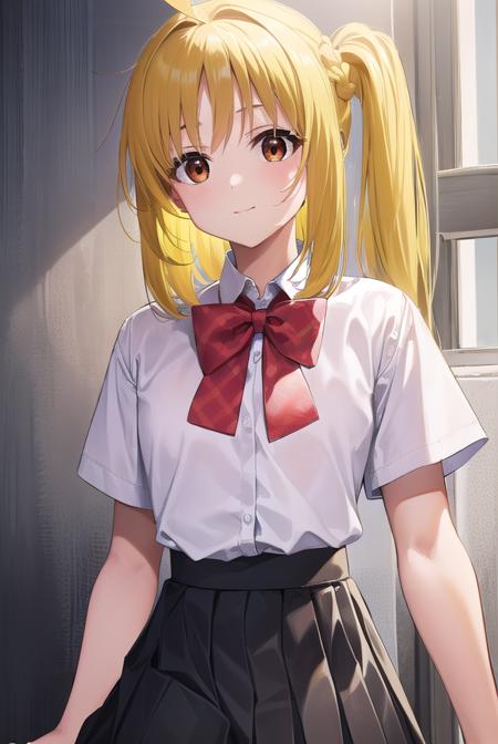 nijikaijichi, <lyco:nijikaijichi-lyco-nochekaiser:1>, 
nijika ijichi, ahoge, (yellow hair:1.5), (brown eyes:1.5), long hair, one side up, (flat chest:1.2), smile,
BREAK (black skirt:1.5), bow, bowtie, collared shirt, pleated skirt, polka dot, polka dot bow, red bow, (red bowtie:1.5), red footwear, shirt, shoes, short sleeves, skirt, socks, (white shirt:1.5), white socks,
BREAK indoors, classroom,
BREAK looking at viewer, (cowboy shot:1.5), 
BREAK <lyco:GoodHands-beta2:1>, (masterpiece:1.2), best quality, high resolution, unity 8k wallpaper, (illustration:0.8), (beautiful detailed eyes:1.6), extremely detailed face, perfect lighting, extremely detailed CG, (perfect hands, perfect anatomy),