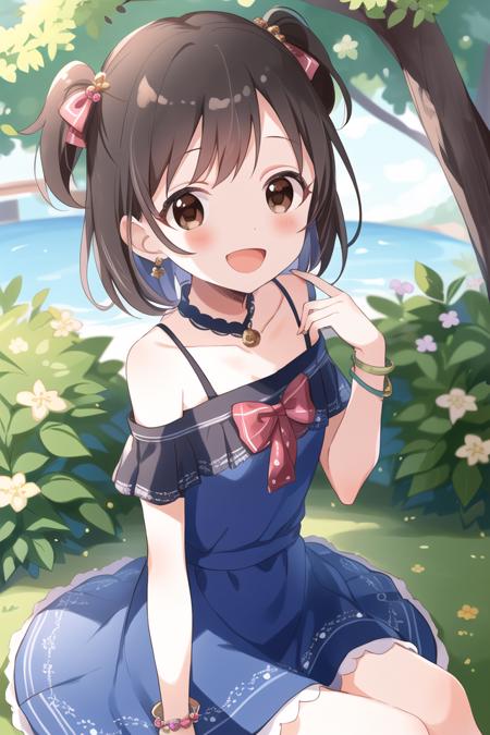 masterpiece, best quality, masterpiece,<lora:Buchi-8:1>, Buchi, 1girl, brown eyes, solo, smile, short hair, open mouth, dress, black hair, one side up, bracelet, :d, sitting, jewelry, bow, looking at viewer, hair ornament, brown hair, watch, blush