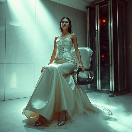 A slender, arrogant  rich norvegian bride, dressed in a luxurious, rich fantasy satin wedding gown with a fitted, boned corset and a full, flared skirt, paired with satin high heels, orgasm face, encased in beam of light from celling. The brainwashing temple electrode,  connected to a  futuristic superconputer rack. Her hands and ankles are bound to a polished steel chair by massive steel restraints, accentuating her ultra-thin waist.  weird fog from the floor. The scene is set in a sterile, empty chamber, with a glossy mother-of-pearl finish, evoking a sense of futuristic dread. Inspired by the cinematic styles of Ridley Scott, Guillermo del Toro, and H.R. Giger, with a blend of sci-fi and horror elements, this full-body portrait is a masterpiece of cinematic storytelling, shot on a virtual v-raptor XL camera, with a warm, film-grained aesthetic, subtle vignette, and rich color grading, reminiscent of 35mm film, with dramatic, atmospheric lighting, inviting the viewer to immerse themselves in this epic, stunning scene.
