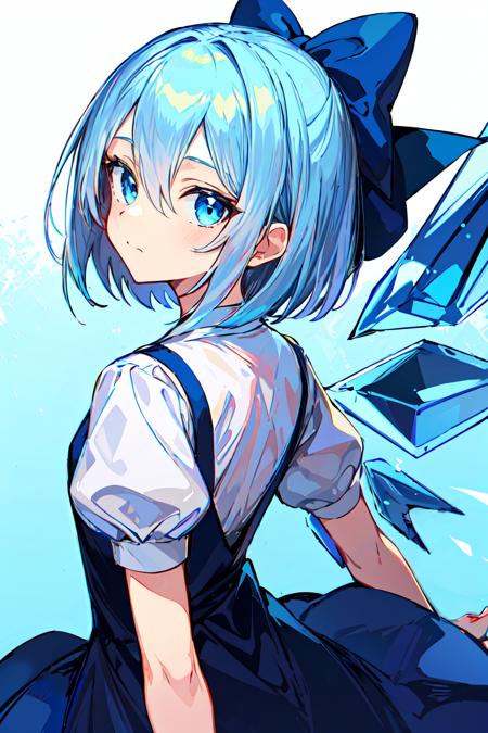 masterpiece, intricate detail,best quality,  <lora:yike:0.8>solo, 1girl, cirno, blue eyes, simple background, bow, blue hair, dress, wings, blue bow, white background, short sleeves, hair bow, blue dress, looking at viewer, ice wings, ice, puffy sleeves, shirt, short hair, puffy short sleeves, white shirt, hair between eyes, closed mouth, looking back, bangs, from behind