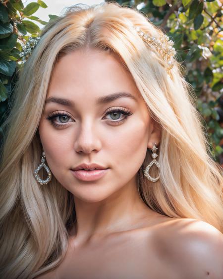 closeup headshot, RAW photo of a gorgeous woman as a princess, blkblsm in a lush garden,  long  flowing platinum blonde hair, (fantasy themed), 70mm professional photography, full detail, detailed face, 8k uhd, dslr, soft lighting, high quality, film grain, Fujifilm XT3