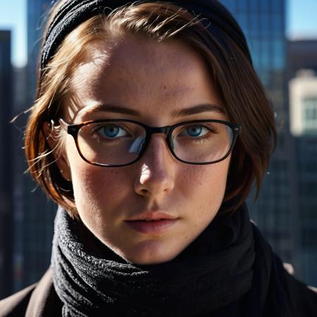 (masterpiece:1.2) (extremely detailed:1.2) {portrait of Breathtaking 1women, (baby blue eyes color), (highly detailed shiny skin texture:2), (freckles), blemishes, skin pores, exquisite face features, Lush Detail, (feature black long bob haircut), (black frame) glasses, (black ice cap), (black scarf:2) around neck, window, buildings view}} (close-up shot:1.5), Front view, (Silhouette), (Hard shadows:2), Radiant light rays, hyperrealistic, hyperrealism, unreal engine, 8k, sharp focus, depth of field, Motion Lines