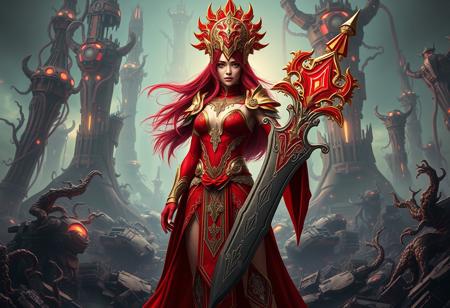An epic, award-winning digital painting of the Female Lilith, Lady of Lament, rendered with meticulous detail in the style of Unreal Engine 5 and Octane Render. She stands as the central, dominant figure within a sprawling, fantastical scrapyard, reimagined as a monument of forgotten civilizations. Her vibrant red and gold outfit and matching elaborate headpiece are depicted with incredible artistic brush strokes and sharp lines, showing every stitch and embellishment. Her large, ornate sword is held firmly in her right hand, gleaming with magical energy, while her left hand rests defiantly on her hip. The background is a breathtaking matte painting, featuring towering structures of salvaged tech and gnarled metallic flora, bathed in captivating, multi-colored neon-like lighting. The composition boasts a dynamic action pose from an isometric perspective, highlighting her powerful, creative angle. Super detailed face and eyes radiating vivid emotions and a joyful impact, handcrafted with precision. 4K, impeccable composition, stunning harmonious colors, contemporary aesthetics, CGSociety, trending on ArtstationHQ.