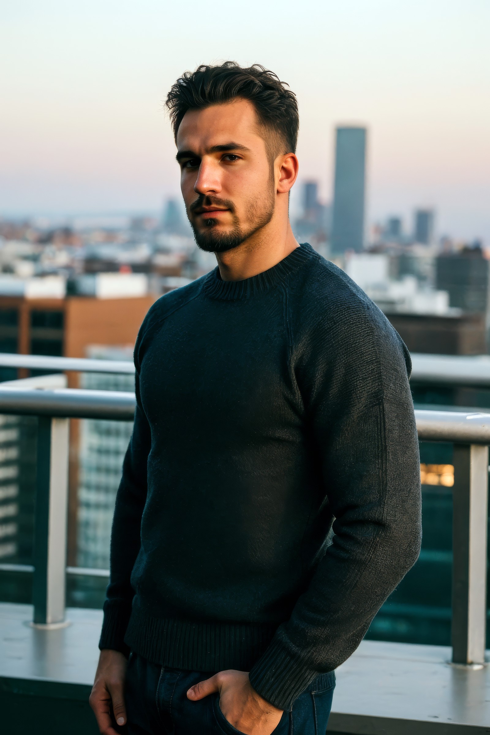 closeup photo of a man wearing fitted sweater, facial hair, blurred city skyline, urban rooftop, twilight, natural light, ...