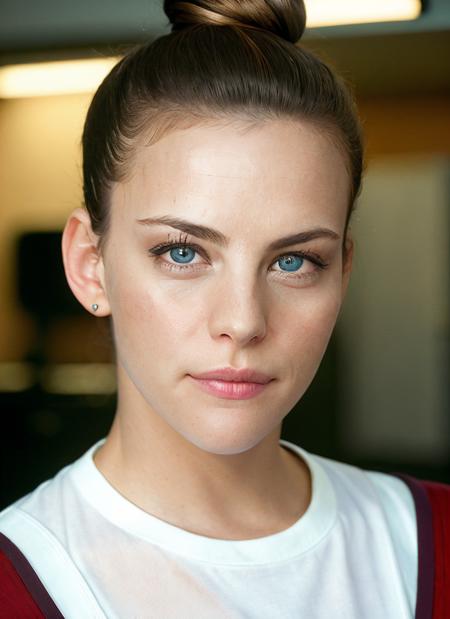 closeup portrait of skswoman, :3 , wearing t-shirt , with dark blonde Updo , background kitchen epic (photo, studio lighting, hard light, sony a7, 50 mm, matte skin, pores, colors, hyperdetailed, hyperrealistic), <lyco:Liv TylerV2:1.1>