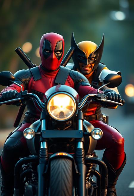 Deadpool and Wolverine, riding a motorcycle, cinematic, 4k, depth of field