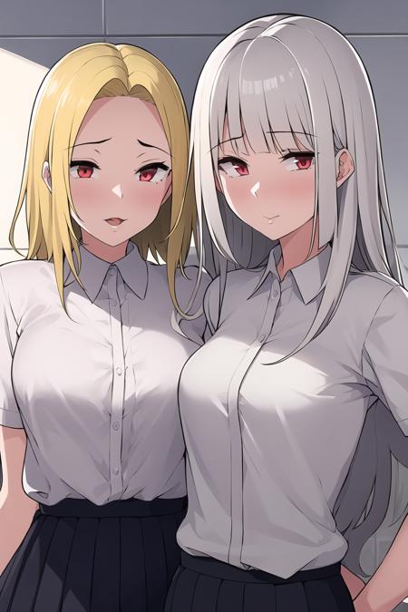 ((masterpiece)), (best quality), (detailed), (2 girls),<lora:Test-08:0.8>
AND (2 girls),white collared shirt,red eyes,blonde hair, skirt
AND (2 girls),white collared shirt,red eyes,long silver hair, skirt