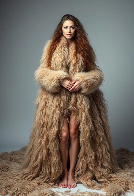 Gorgeous woman with amazing extremely long hair that covers her arms, legs, shoulders, head, face, feet, and waist completely, very long hair, longest hair ever seen, lots of long hair on the ground, excessive long hair, fuzzy, furry, voluminous, gigantic, surrounded by piles of hair, so much fur, thick fur covers her skin, her fur is so thick, her fur is so thick and fuzzy, excess amounts of fur