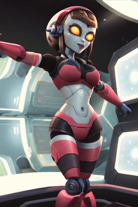 courtneygears, robotgirl, 1girl, solo, breasts, brown hair, medium breasts, orange eyes, hairband, yellow sclera, (masterpiece:1.2), midriff, sexy pose, (detailed anatomy), (space station:1.2), perfect lighting, pale skin, sexy face, happy, slender figure, medium hips, long legs, athletic, <lora:chara-courtneygears:0.85>