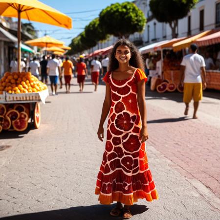 Brazilian girl, selling orange fruit in streets, wearing orange sliced shaped dress, <lora:blood_orange_world_morph_sdxl:1> , sunny day, people walking, vendor stand, blood orange style