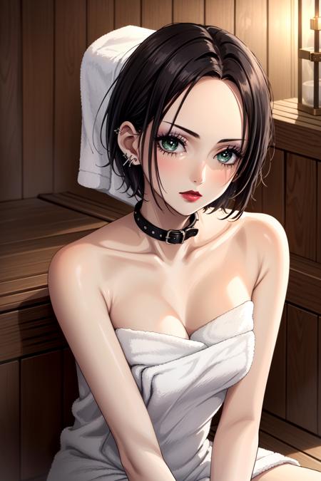 1girl, (masterpice:1.3), highres, high-detailed, high quality, (solo), 4k, cg, pixiv, (perfect face and eyes), detailed face, dynamic light,  intense shadows, intricate_details, nana,short hair, black hair, jewelry, green eyes, earrings, collar, makeup, piercing, lipstick, ear piercing,  sauna, (towel:1.2), cross legs, sexy, sensual, <lora:nana_osaki-08:0.7>,  <lora:more_details:0.4>