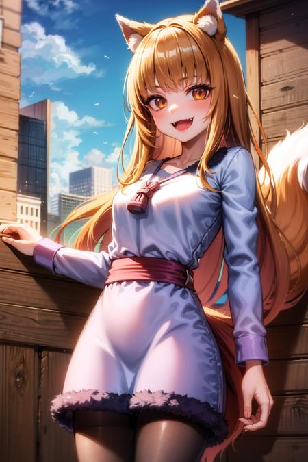 <lora:holo:1>, holo, masterpiece, best quality, absurdres, 1girl, looking at viewer, standing, cowboy shot, shirt, medieval, city, street, neck pouch, fang, smile, slender, tail