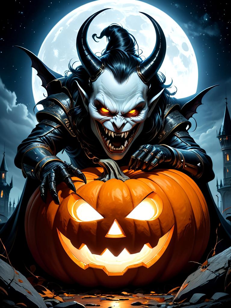 ((best quality)), ((masterpiece)), ((detailed)), (exquisite), impressive, ((astounding)),
suddenly an evil bloodthirsty cacodemon in the form of a Halloween pumpkin, painted in orange Halloween colors, flies down on me from above, an evil eye drills its target, horns and growths stick out in different directions in a frightening way, a huge fiery mouth is wide open, many predatory sharp teeth are eager to grab and tear apart the unfortunate innocent victim, huge fangs are flashing, saliva drips from the predatory mouth,
dark starry night, full moon, creepy Halloween night, 
The sparkling glowing evil eye adds a touch of horror to this scene.
This creature is a masterpiece of artists Boris Vallejo and Julie Bell, with dark and evil features captured in a realistic style.
A dark starry night with a full bright moon in the background contrasts with the orange Halloween colors of the creature's body,
and the interplay of light and shadow adds depth to the cacodemon, creating an image of the eternal terror and fear that Halloween night brings, (full-length photo: 1.7),
Wide Angle Lens, Wide Angle, Sharp Focus, Hyper-Detailed, Very Complex), Striking Detail, Cinematic Shot Detail,
Cinematic Photography, Film Mood, Cinematic Lighting, Compelling Composition, Narrative Elements, Conveys emotion, mood, and narrative depth, creating visually striking images that feel like still frames from a movie,
<lora:add-detail-xl:0.7>, <lora:WildcardX-XL-Detail-Enhancer:0.4>,
Graffiti Art Style, Ornate and Intricate, Neo-Baroque, Pencil Sketch Drawing, Vibrant Rim Light, cinematic photo photograph prompt,50mm . cinematic 4k epic detailed 4k epic detailed photograph shot on kodak detailed cinematic hbo dark moody,35mm photo,grainy,vignette,vintage,Kodachrome,Lomography,stained,highly detailed,found footage,
hyper-detailed,beautifully color-coded,Hyperrealism style glamour shot of low light photo of Luxurious Elegance, Luxury product,
Artgerm,figurative art,highly detailed digital painting,a fine art painting,cinematic light,dynamic composition,elegant,intricate,very inspirational,innocent,aesthetic,(sharp focus),color inspired,extremely,RAW photo,(high detailed skin:1.2),8k uhd,dslr,soft lighting,high quality,film grain,Fujifilm XT3,masterpiece,best quality,realistic,very clear,ultra quality,ultra detailed,masterpiece. Ambient,moody,dramatic,shadowy. Beauty focused,make-up,lighting,seductive, masterpiece,best quality,realistic,very clear,
Ultra-realistic images,even more detailed than photography,by artists like Chuck Close,emphasis on texture and minute detail insane details,intricate details,beautifully color graded,insanely detailed and intricate,hypermaximalist,elegant,hyper realistic,super detailed,biomechanical landscapes,surreal forms,dark and intricate textures,a fusion of organic and machine,eerie beauty,alien figures,dystopian visions,intricate details,monochromatic color schemes with highlights of metallic sheens,by H.R. Giger,
35mm photograph, film, bokeh, professional, 4k, highly detailed, bright rim light, high contrast, bold edge light, black and white drawing, graphite drawing, ornate and elaborate, dynaimc, Neo-Baroque, decorative, highly detailed, elaborate, ornate, intricate, dynamic, dramatic, vibrant colors, graffiti art style, Vector art, Vivid colors, Clean lines, Sharp edges, Minimalist, Precise geometry, Simplistic, Smooth curves, Bold outlines, Crisp shapes, Flat colors, Illustration art piece, High contrast shadows, Technical illustration, Graphic design, Vector graphics, High contrast, Precision artwork, Linear compositions, Scalable artwork, Digital art,