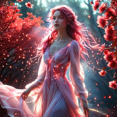 A radiant woman glowing with a soft pink mystic luminance, standing amidst a fantasy red wonderland. Her entire being pulses with gentle magical energy—her skin casting a warm rose-colored glow, her eyes shimmering like distant stars. Her flowing hair catches the light like spun silk, tinted with blush and glowing strands. She wears a dress that sparkles with enchanted threads, gently drifting as if in slow motion. Surrounding her is a surreal landscape of deep crimson foliage, glowing red blossoms, and floating ember-like particles. The air is thick with magic, casting soft shadows and reflections in the warm haze. She stands as a luminous figure of grace and wonder, as if summoned from the heart of a dream—mysterious, powerful, and impossibly beautiful, Masterpiece level quality, soft lighting, bright lighting, sharp focus, fine details, high quality, precise, high resolution, 4k, 8k,