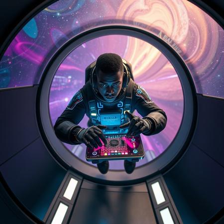 A Black cosmonaut with dark brown skin and close-cropped hair floats weightlessly inside a sleek, futuristic space capsule known as The Black Elevator. He wears a custom black spacesuit adorned with glowing blue circuitry patterns that pulse rhythmically, synced to the music he creates. Suspended in zero gravity, he manipulates a holographic music interface with his gloved hands—each movement generating vibrant soundwaves that ripple through the air like luminous streams of color. His expression is focused yet serene, eyes reflecting distant galaxies visible through the wide, transparent dome above him. Stars streak past as the vessel travels through a tunnel of swirling light and cosmic energy, blending deep purples, electric blues, and radiant golds. The interior of The Black Elevator is minimalistic but sophisticated, with smooth obsidian walls and illuminated panels casting a soft, ambient glow. The camera slowly orbits around him, capturing his fluid motions and the surreal beauty of space-time distortion outside. The scene feels otherworldly and soulful, merging science fiction with a sense of spiritual exploration.
Style: Futuristic sci-fi, Afrofuturism, highly detailed, cinematic
Lighting: Soft interior glow with contrasting vibrant cosmic light outside
Camera: Slow orbiting shot, medium-to-wide framing, focusing on the cosmonaut and the interface interaction.