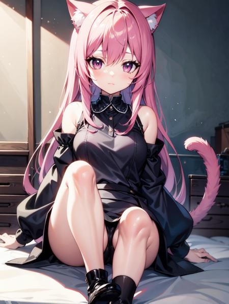 best quality:1.4, cat girl, pink hair, long hair, cat ears, pink eyes, cat tail,