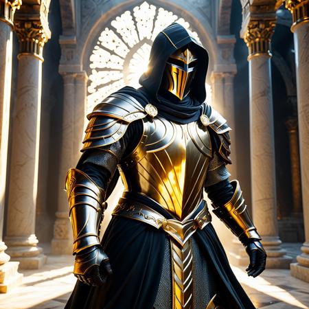 epic a hooded knight with hood, ruined temple, sunbeam, dynamic pose as if mid-battle, cinematic volumetric lighting, hyper-realistic marble texture, 8k resolution, dramatic shadows, Unreal Engine 5 rendering, cool, serene, magic hour, extreme close-up, golden Armor, Liquid Marble