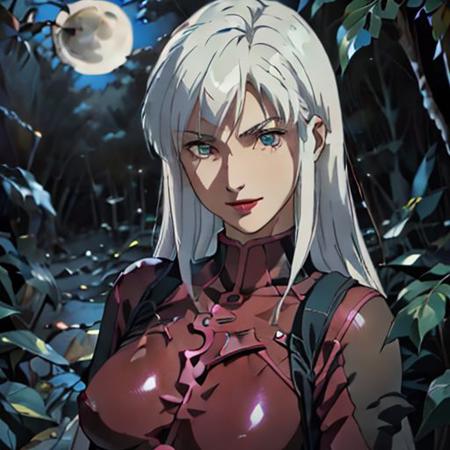 4K, highly detailed,masterpiece, high quality  ,Nora , 25 years old, White hair and dark eyes, deep red lipstick , and she wearing bodysuit that cover her body exclude head, upper body, BODYSUIT, Jungle, moonlight passing through hair, Smirk face, smirk