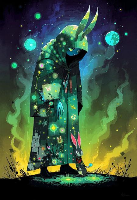 WackyScratchDaal ,   A mirror witch, whose entire body reflects other realities, bends down to help a baby jackalope fix its glitched shadow. Each reflection in her cloak shows a different magical micro-world. The art style channels vaporwave colors, glitchcore aesthetics, and folklore design all in one.