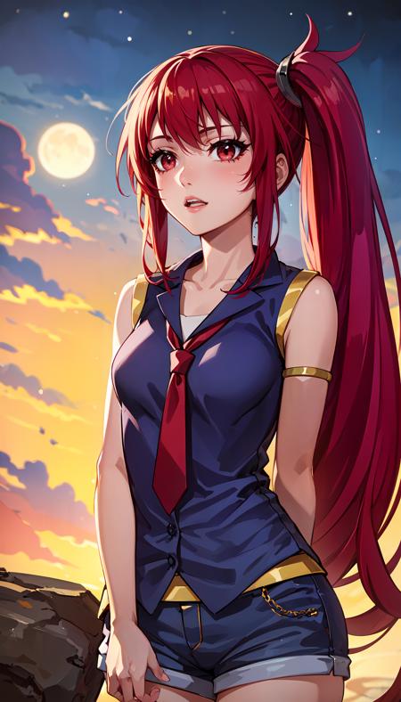 long hair red hair side ponytail red eyes blue shirt shorts sleeveless gold armlet red tie