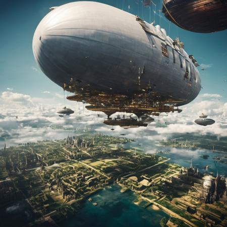 Realistic photo of Sci fi of floating city on floating island suspended from giant zeppelin by robes,the land below has rivers and fields,steem punk style