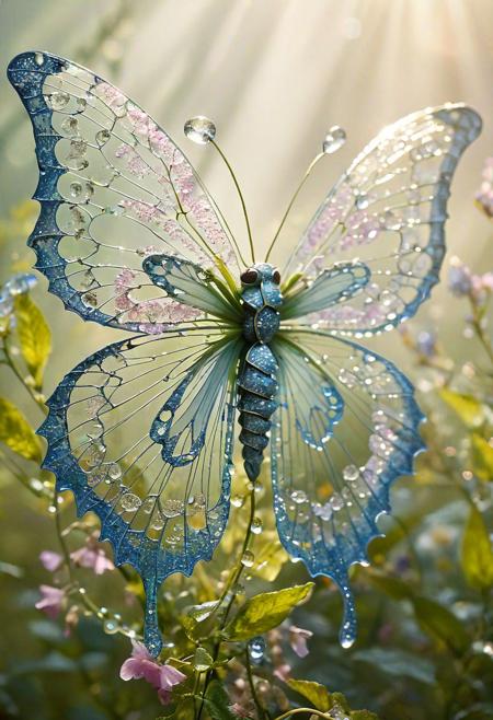 Intricate floral creature, personification of Spring, woven from vibrant wildflowers, petals forming scales and vines as limbs, translucent butterfly wings, dewdrops glistening as a crown, ethereal light, dappled sunlight, soft mist background