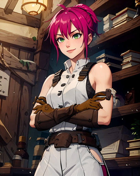 SylviaPTNS pink hair, green eyes, ponytail Sleveless, brown gloves, pants, boots