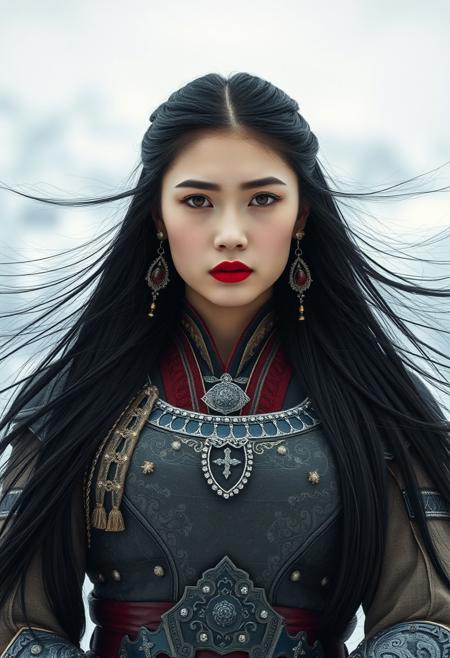 symmetrical full shot of a mongolian warrior girl, standing pose, long hair, black hair, jewelry, red eyes, makeup, red lipstick, pale skin, white skin, armour, earrings, wearing elegant costume, in the moutains at winter, winter, snow in the background,  skin texture, best quality, ultra-detailed, analog style, cinematic light, sidelighting, ultra high res, serious expression , closed mouth, wind, mist