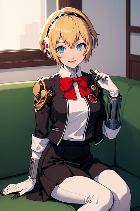 (masterpiece, best quality:1.2), solo, 1girl, aegis, android, robot joints, smile, looking at viewer, sitting, couch, headphones, school uniform, skirt <lora:persona3_aigis:1>