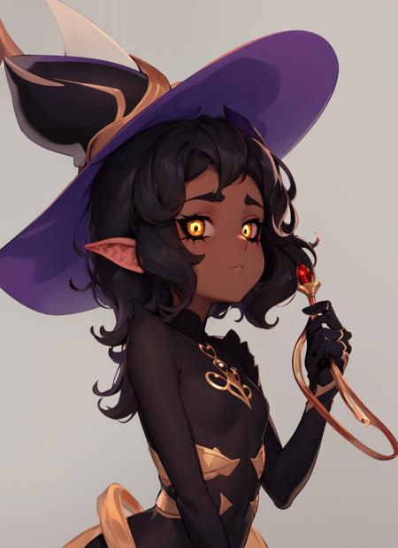 <lora:LuzNocedaTitan-02:0.95>, LuzNocedaTitan, 1girl, brown skin,  black hair, closed mouth, hat, holding, looking at viewer, simple background, solo, styleThwlhs, witch, witch hat, ((black sclera))