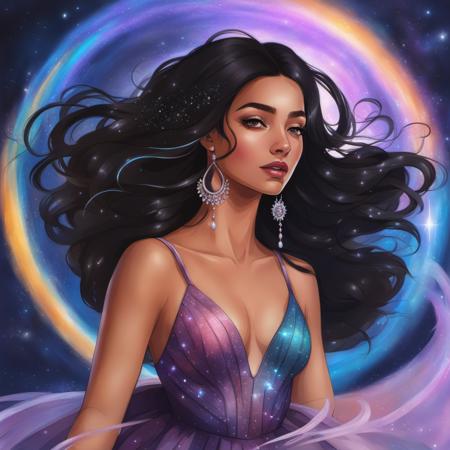 portrait of a woman artgerm style  <lora:artgerm_style-000005:0.75> dancer poised on the rings of Saturn, her dress flowing in zero gravity, speckled with actual stardust. Her jet-black hair is streaked with the colors of the cosmos, defying ordinary physics, floating around her like a halo. The rings provide a majestic stage, their ice particles glinting in the sunlight behind her (extreme detailed, HDR+), while countless stars provide a brilliant audience in the vast theater of space (hyperdetailed:1.15, official art)