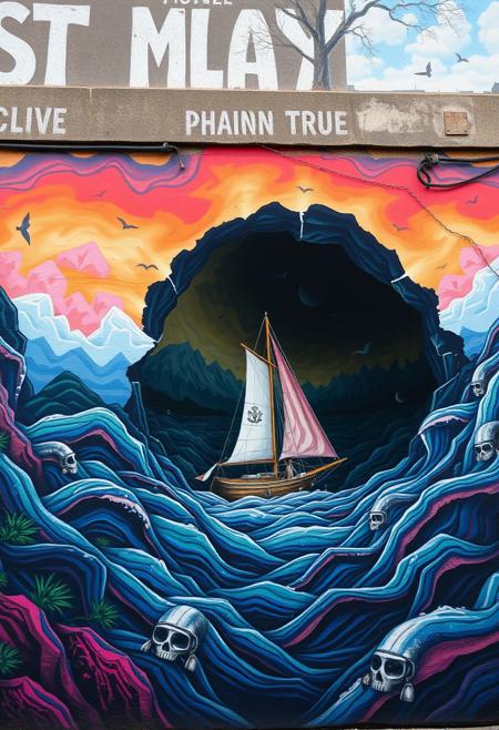 A sailing vessel floats through a cavernous metal ocean
, surreal, vibrant colors, urban wall, nature background, playful interaction, surreal elements, street art, meditative atmosphere, solitary figures, vast empty landscapes, emotional symbolism, loneliness, self-reflection, poetic symbolism, serene visuals