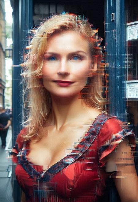 (glitch:2), (flickering:2), (digital:2), portrait, 1girl, score_9, score_8_up, score_7_up, score_6_up, score_5_up, score_4_up, UHD, 8K, masterpiece, detailed, ultra_high_resolution, lots of detail, OverallDetailXL, detailxl, telephone booth, pay-phone, Masterpiece, 32k, photorealistic:1.4, score_9, score_8_up, score_7_up, European, blonde, ginger streaks, long hair, (small waist:2), fitness body, toned muscles, slender legs, high cheekbones, oval face, 32 years old, realistic, blue eyes, Masterpiece, 32k, photorealistic:1.4, blonde, smiling, sexy pose, colorful clothes, bustle dress, fully dressed, (red dress:2), hands hidden, flat color.