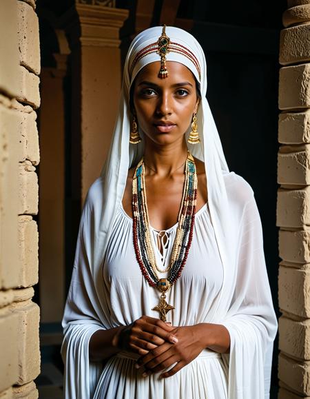 analogue photo of Indian woman, dark skin, <lora:Rhani_Indian.safetensors:0.55>,, In a quiet corner of a restored temple infused with centuries of history, a down-to-earth priestess in a luxuriously simple yet realistically aged linen dress arranges a modest vase of water, her unpretentious beaded necklace and functional head covering lending a tangible warmth to the sacred space., wlae86, <lora:sdxl_Egyptian_WalkLikeOne:1.0> clear focus, high resolution image,  ,Ancient, egypt, mystical and epic feel,,low light, soft natural light, Rembrandt style light, Hasselblad DLSR camera, 200mm Zeiss lens, f/2.8, ,Sexy pose, erotic pose, exhibitionism,