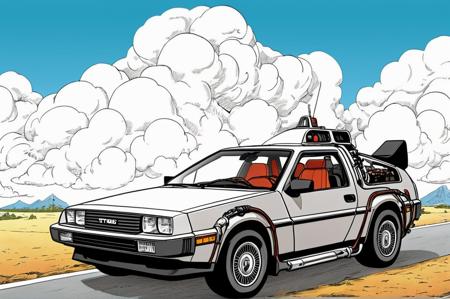 <lora:Akira_Toriyama_vehicle:1>  delorean car from movie back to the future, flying in the sky, manga, hand drawing, full colour, sky cloud background, <lora:add-detail-xl:1.2>, detailed, complex, akira toriyama style, vehicle design, cute