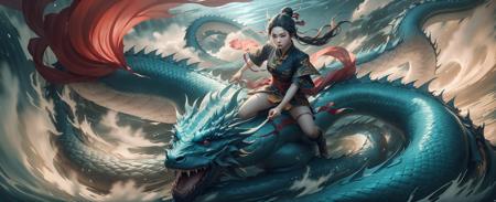 very wide shot, dynamic angle, from above,Chinese mythology, (1girl,chinese girl  fighting:1.2 at white chinese-dragon),(bun,black hair,Long red ribbon,chinese clothes),dynamic  pose, (solo:1.2),in ocean, clouds,Cinematic Lighting,Accent Lighting,dramatic_shadow,ray_tracing,film still,xianxia style, <lora:xianxia_lorav10:1:Style>