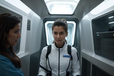 a perfect photo of a stressed lieutenant woman chatting with friends in the crowded interior of a clean futuristic sci-fi space ship, looking away