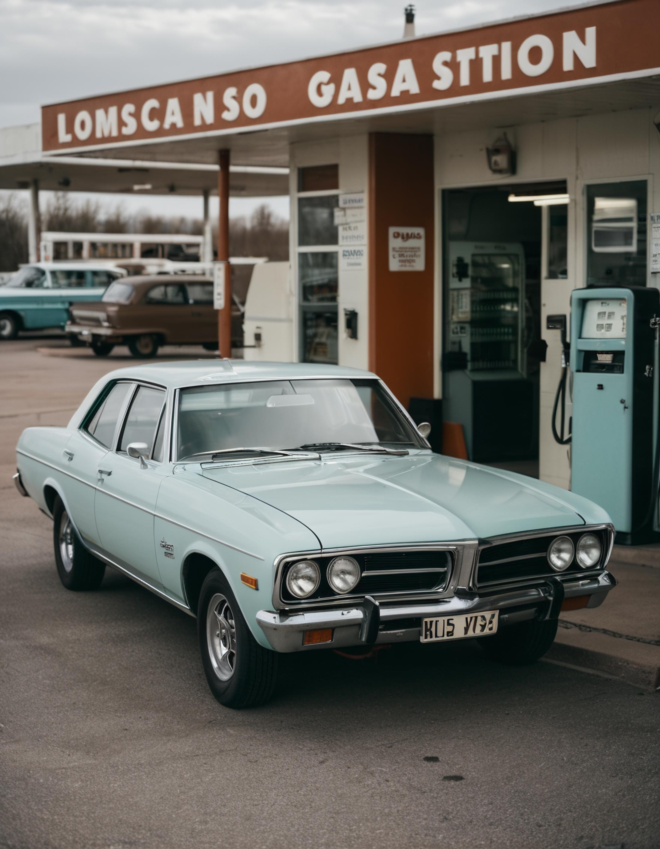 A vintage blue car parked at a gas station.